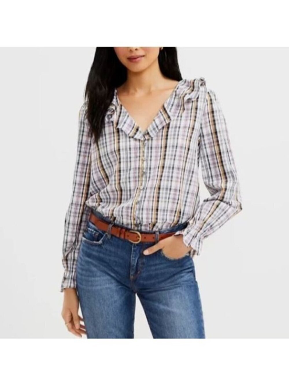 LOFT Top Womens Large Plaid Button Up Ruffle Collar Cottagecore Preppy Feminine